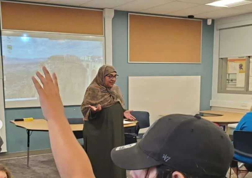 Rukhsana Khan teaching a storytelling workshop in the north